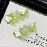 10pcs Green Blush Gradient Fake Nails Handmade Press On Nails With Cute Flower Bowknot Decor Sweet Spring Square Head False Nail