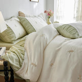 Flowers Embroidery Pleated Wide Edge Bedding Set Lyocell Soft Silky Cooling Duvet Cover Flat/Fitted Bed Sheet Pillowcases 4Pcs