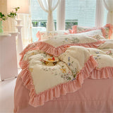 Fashion Flower Bedding Set Bed Sheet Cute Princess AB Double Sided Ruffle Flower Quilt Cover Pillowcase Bedclothes Home Textiles