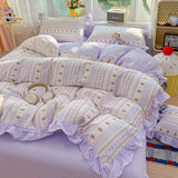 3/4Pcs Bedding Set Korean Princess Ruffle Cute And Whimsical Plaid Cat Cartoon Style Bed Sheets Kawaii Linen 2 Bedroom Cotton