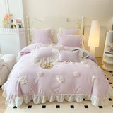 4Pcs French Princess Style Three-Dimensional Rose Flowers White Ruffle 2-Person Cotton Bed Linen Four-Season Pink Bedding Set