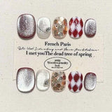 10Pcs Short French Handmade Press on Nails Full Cover Retro Cat Eye Design Artificial False Nails Ballerina Wearable Manicure