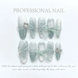 10PCS wearable french pink nails with bubble diamonds full cover handmade false nails with glue ballet long coffin press on nail