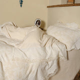 Cotton and Linen Vintage Hollow Lace Edge Bedding Set Queen King Size Duvet Cover Set Flat/Fitted Bed Sheet Pillowcases 4Pcs