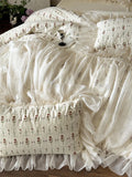 4Pcs Vintage French Pure Cotton Rose Print Pleated Lace Ruffles Bedding Set Queen King Size Duvet Cover Set Bed Sheet Pillowcase