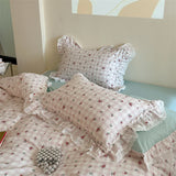 Korean Princess Style Floral Lace Ruffles 100% Cotton Bedding Set Duvet Cover Bed Sheet Pillowcase 4Pcs