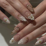 Almond Press on Fake Nails 3D Ripple Star False Nails Blue Smudge Detachable Full Cover Nails Tips 3D Shell Pearl Acrylic Nail
