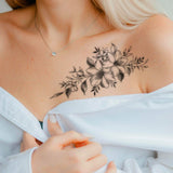 Natural Vine Floral Tattoo Sticker Black Gray Realistic Gradient Waterproof Long Lasting Temporary Tattoo for Women Shoulder