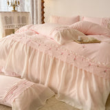 Korean Princess Style Lace Ruffles Rose Embroidery Wedding Bedding Set Duvet Cover Set Flat/Fitted Bed Sheet Pillowcases 4Pcs