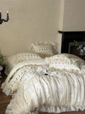 4Pcs Vintage French Pure Cotton Rose Print Pleated Lace Ruffles Bedding Set Queen King Size Duvet Cover Set Bed Sheet Pillowcase
