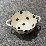 Wave Point Ceramic Double Ear Bowl 2025 New Household Large Capacity Dessert Bowl Spoon Set Simple Fruit Salad Dining Utensils
