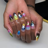 24pcs Cat's Eye False Nails Aurora Blue Short Almond Full Cover Nail Tips Wave Fake Nail Art Reusable Round Head Press on Nails