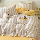 Embroidery Stripe Bedding Set Cute Cartoon Washed Cotton Soft Four Piece Sets Pillowcase Duvet Cover Set 200x230cm Home Textiles