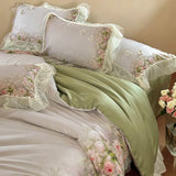 Flower Prints Ruffles Summer Cool Feeling Bedding Set 800TC Lyocell Soft Silky Duvet Cover Flat/Fitted Bed Sheet Pillowcase 4Pcs