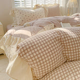3pcs  Korean lace Duvet Cover Set (1*Duvet Cover + 2*Pillowcase, Without Core), Pink checkered print Bedding Set