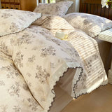100% Brushed Cotton Bedding Set French Vintage Floral Duvet Cover Black Lace Trim Soft Pure Cotton Bed Sheet Pillowcases 4Pcs