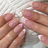 Pink Polka Dot Press on Nails Short Almond Fake Nails French Tip False Nails with Polka Dots Design Reusable Glue on Nails