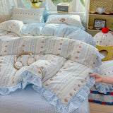 3/4Pcs Bedding Set Korean Princess Ruffle Cute And Whimsical Plaid Cat Cartoon Style Bed Sheets Kawaii Linen 2 Bedroom Cotton
