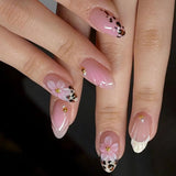 3D Press on False Nails Mid-length Almond Wearable Full Cover Nails Tips Leopard Print French Nail Full Cover Wearable False Tip