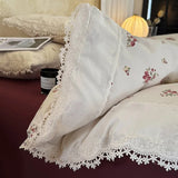 Korean Style Vintage Cherry Bedding Sets for Girls New Washed Cotton Duvet Cover With White Lace Trim Sheet Pillowcases