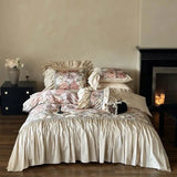 Romantic Vintage Bedding Set, Oil Painting Style, Flowers, Big Ruffles, Egyptian Cotton Duvet Cover Set, Bed Sheet, Pillowcases