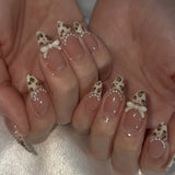 24pcs French Polka Dots Fake Nails Insect Long Almond Stick on Nail Set Check Tips False Nail Art Reusable Simple Press on Nails
