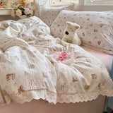 Korean Style Girly Heart Floral Double Layer Gauze Four-Piece Set Princess Style Lace Trim Quilt Cover Bed Sheet Dormitory