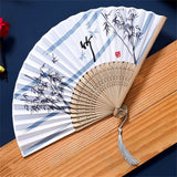 Retro Chinese Style Folding Fan Bamboo Wooden Silk Dance Fan with Tassel Female Wedding Party Performence Hand Held Fan Props