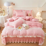 Korean Luxury Lace Ruffles Bedding Set Skin-Friendly Washed Cotton Princess Style Duvet Cover Bed Sheet Pillowcase Home Textiles