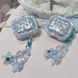 Luxury Bling Blue Floral Fresh Flower Case For AirPods 1 2 3 Case For Airpods 4 Pro Bluetooth Earphone Cover with Beads Keychain