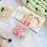 Flower Press on Nails Short Square Fake Nails with Pink Checkered Stick on Nail Cute Acrylic False Nail Spring Summer Nails