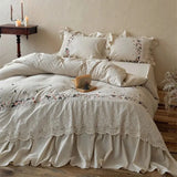 Vintage French Large Lace Ruffles Floral Embroidery Linen Cotton Bedding Set Duvet Cover Flat/Fitted Bed Sheet Pillowcases 4Pcs