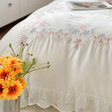 4Pcs Flowers Embroidery Lace Ruffles Bedding Set Lyocell Eucalyptus Fiber Silky Duvet Cover Bed Sheet Fitted Sheet Pillowcases