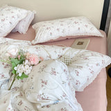 Floral Bedding Set Lace Trim Simple Fresh Elegant Flat Fitted Sheet With Pillowcases Soft Washed Cotton For Women Girl Gift