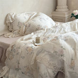 Vintage French Lace Flower Prints Bedding Set 100% Cotton Double Yarn Soft Duvet Cover Flat/Fitted Bed Sheet Pillowcases 4Pcs