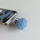 Ins Simple Plating Blue Cow Pattern Phone Case with Hairball Pendant for iPhone 17 16 15 14 Pro Max Shockproof Protective Cover