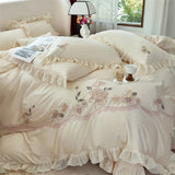 Premium Egyptian Cotton Flowers Embroidery Lace Ruffles Princess Bedding Set Duvet Cover Set Flat/Fitted Sheet Pillowcases 4Pcs