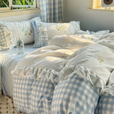 Korean Princess Style Double Layer Lace Flower Embroidery 100% Cotton Bedding Set Plaid Style Duvet Covers Bed Sheet Pillowcases