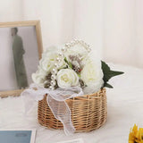 Wicker Flower Basket with Handle Pearl Handle Bow Ribbon Wedding Petal Basket Romantic Wedding Decor Handwoven Easter Basket