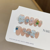 10Pcs Snake Rhinestone Press on Nails Pink Gradient Press on Fake Nails Cat Eye Almond False Nails 3D Carve Flower Nail Art Tip