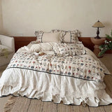 Vintage Floral Embroidery Cotton Linen Blend Bedding Set Ruffle Lace Edge Duvet Cover Flat/Fitted Bed Sheet Pillowcases 4Pcs