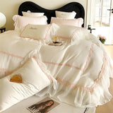 4Pcs Luxury 1000TC Egyptian Cotton Princess Lace Ruffles Wedding Bedding Set Duvet Cover Set Bed Sheet/Fitted Sheet Pillowcases