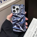 Plating Blue Glossy Water Ripple Phone Case For iPhone 16 15 14 13 12 11 Pro Max 16 Plus Soft Shockproof Back Cover