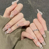 24pcs Floral Coffin Nails Set Press on Nails Cat Eye Fake Nails Butterfly Flower Design False Nails Wearable Manicure Nail Tips