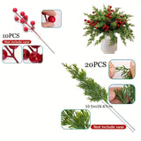 30pcs Christmas Artificial Pine Branches with Red Berries, for DIY Crafts, Wreaths, Home Decor, and Christmas Tree Ornaments