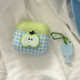 Cartoon Cute Green Apple DIY Grid Pattern Silicone Earphone Case For AirPods 1 2 3 4 Pro 2 Soft Protection Cover With Keychain