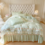 4Pcs Pure Cotton French Flowers Lace Ruffles Princess Wedding Bedding Set Duvet Cover Quilted Bedspread Bed Skirt Pillowcases