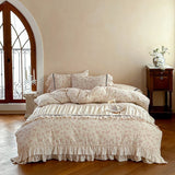Vintage French Floral Pleated Lace Bedding Set Double Layer Crepe Yarn Pure Cotton Duvet Cover Flat/Fitted Bed Sheet Pillowcases
