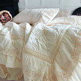 Rose Embossing Quilted Duvet Cover Set Vintage Lace Ruffles Pure Cotton Bedding Set Bed Sheet/Bed Skirt/Fitted Sheet Pillowcases