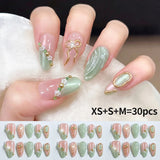 10pcs Pink Green Cat Eye Almomd Press On Nails 3D Gold Bow Bead Mini Flower Gradient False Nail Tips Full Cover Nail Extensions